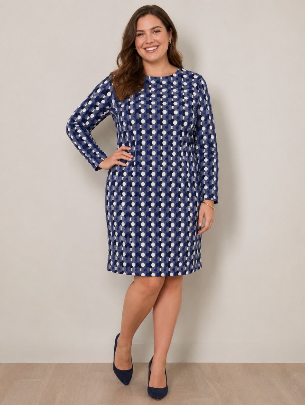 Boden Polka Dot Long Sleeve Dress Women's Size 12 Blue Grey Cotton Blend EUC